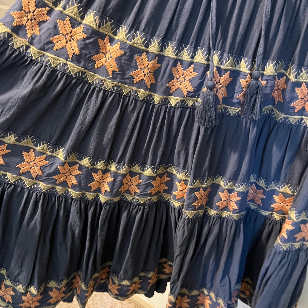 Ivy City Co Navy Blue Embroidered Cotton Gauze Tiered Midi Dress Boho Womens L - Picture 2 of 10